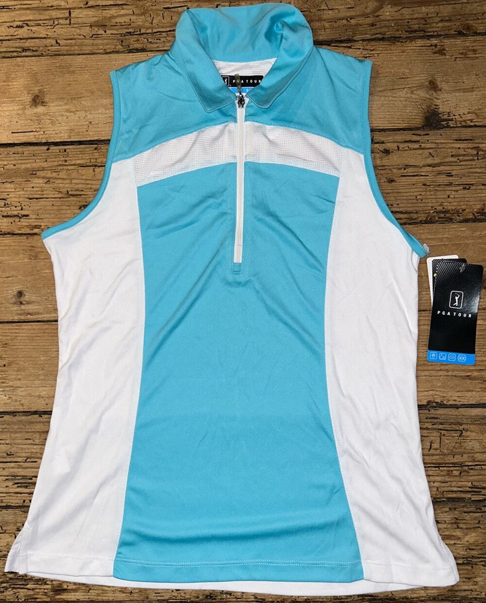 PGA Tour Women Sz S Blue White Sleeveless Collar Golf Tank